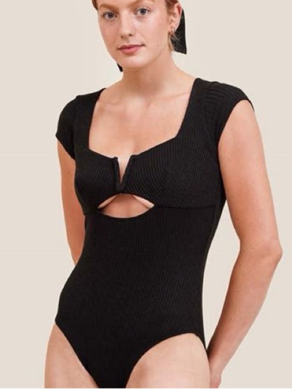 Ribbed Square Neck Cutout Bodysuit in Black